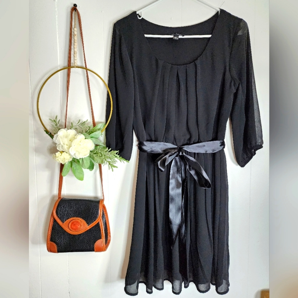 BCX Pleated Black A-line Dress, Size Medium